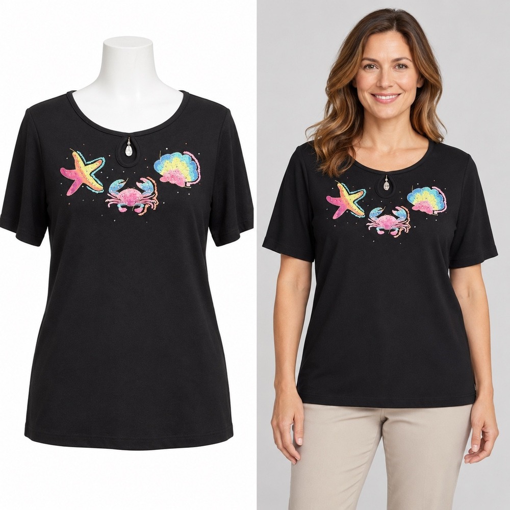Quacker Factory Top Women M Black Coastal Beach Crab Starfish Sequin Keyhole Tee
